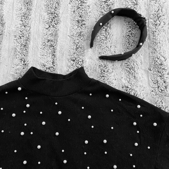 H&M Black + White Beaded Embellished Pearl Pullover Sweater + Matching Headband - Picture 3 of 6